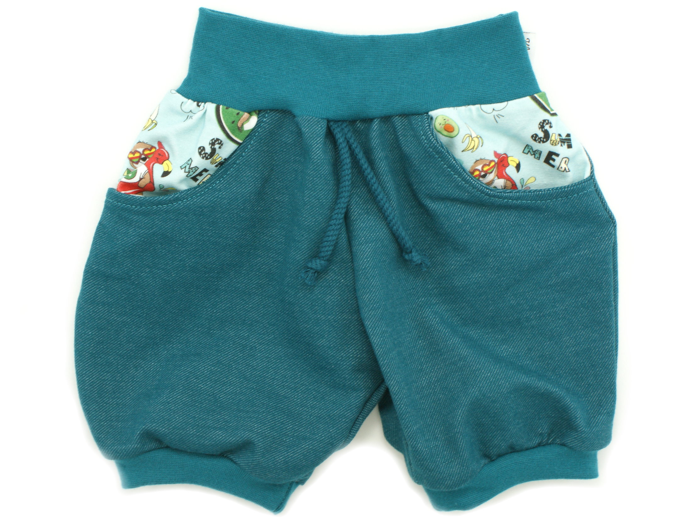 Kinder Sommer Shorts mit Taschen "Aloha" Jeansjersey petrol