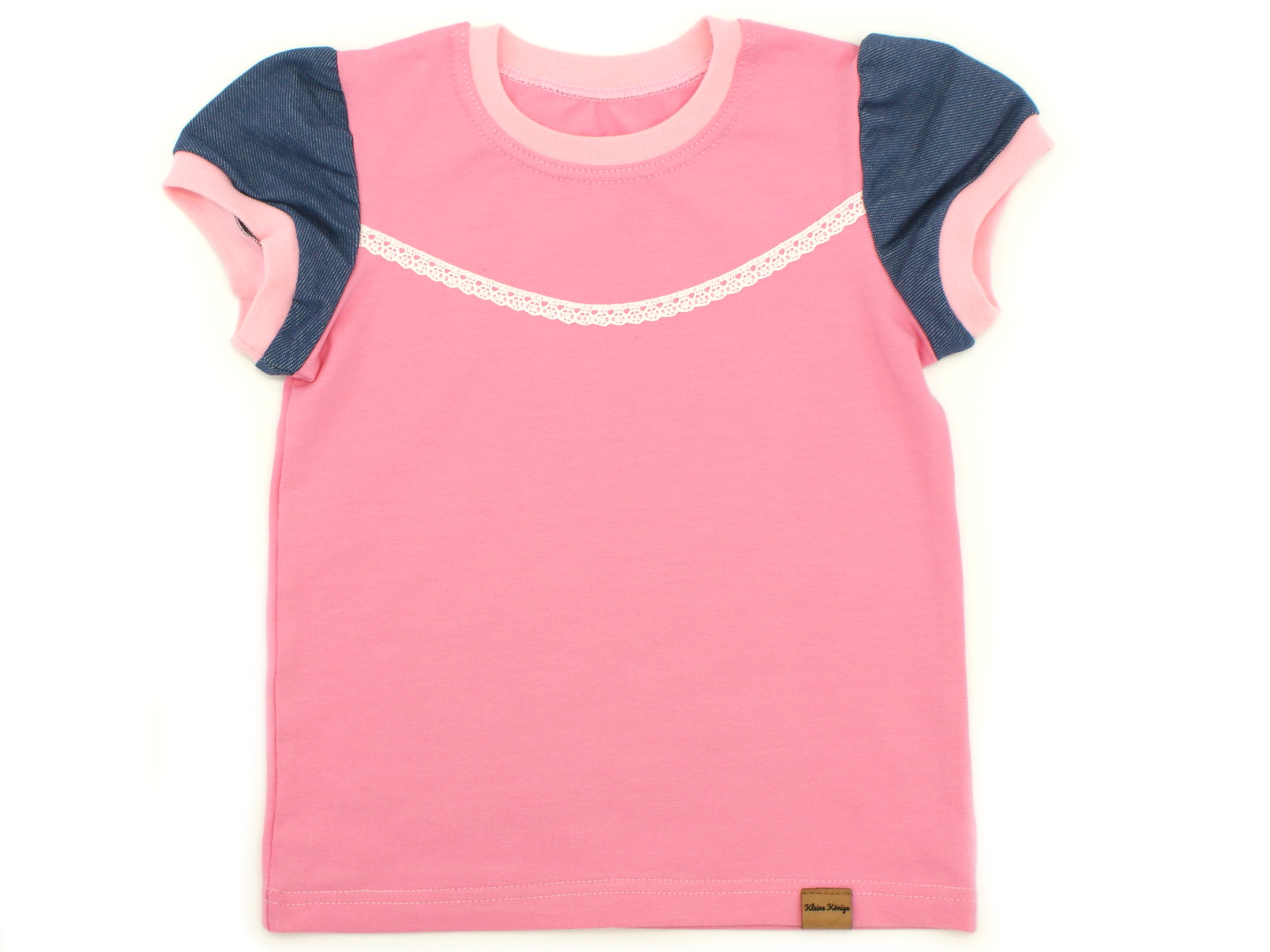 Kinder T-Shirt Uni rosa Spitze Jeansjersey blau