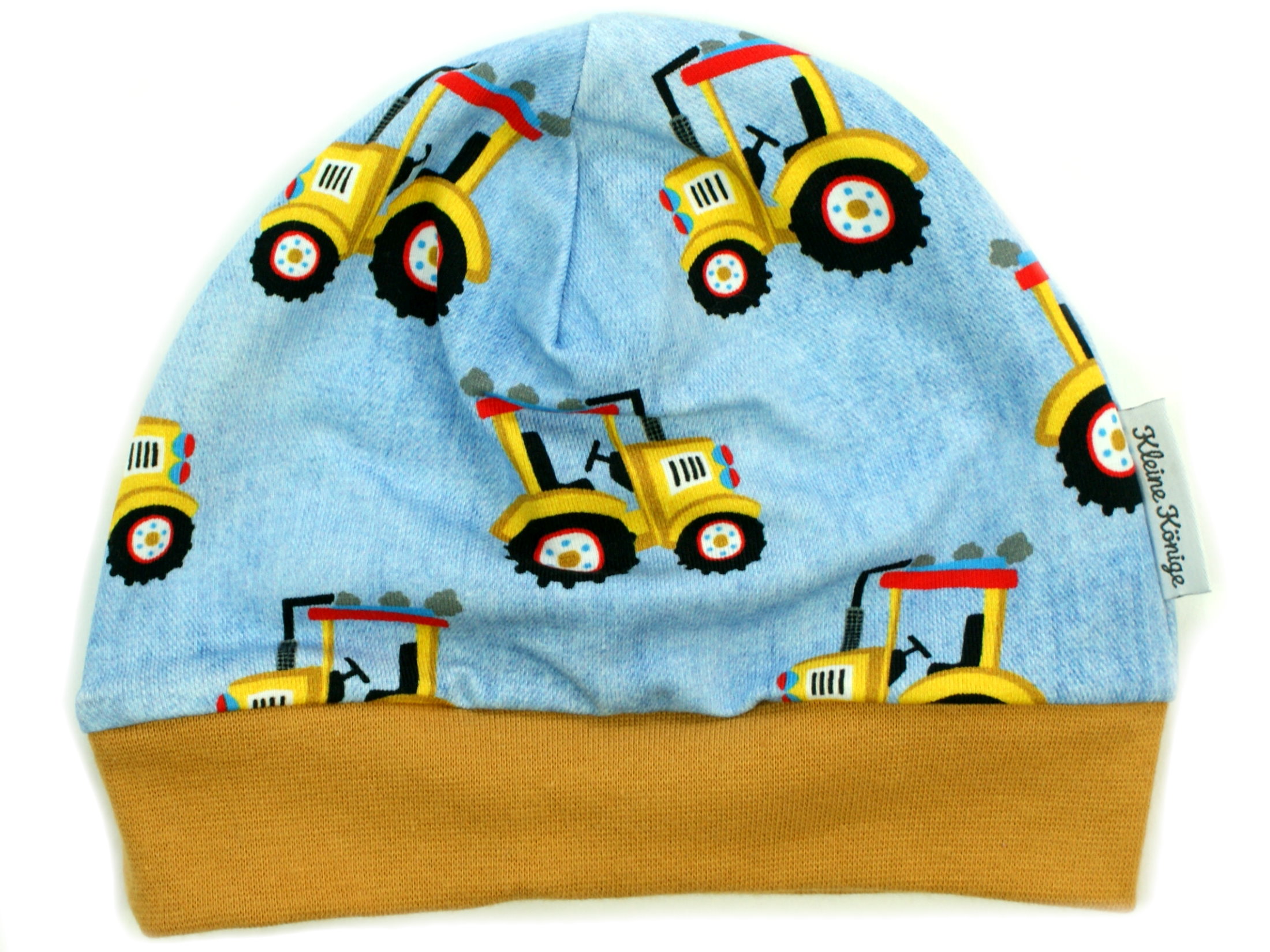 Kindermütze "Gelber Traktor" hellblau