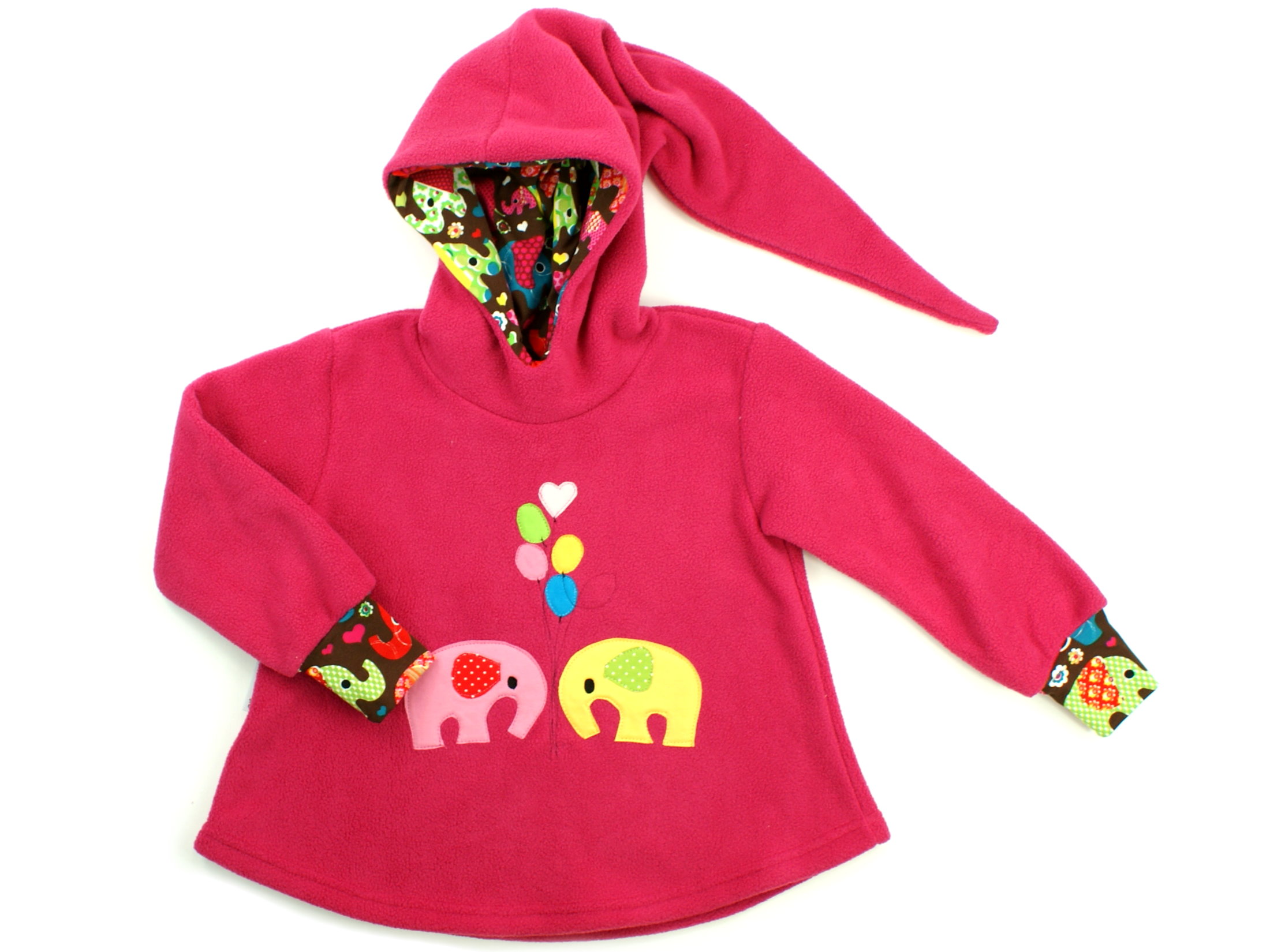 Kinder Fleecepullover mit Zipfelkapuze "Elefantenparty" pink
