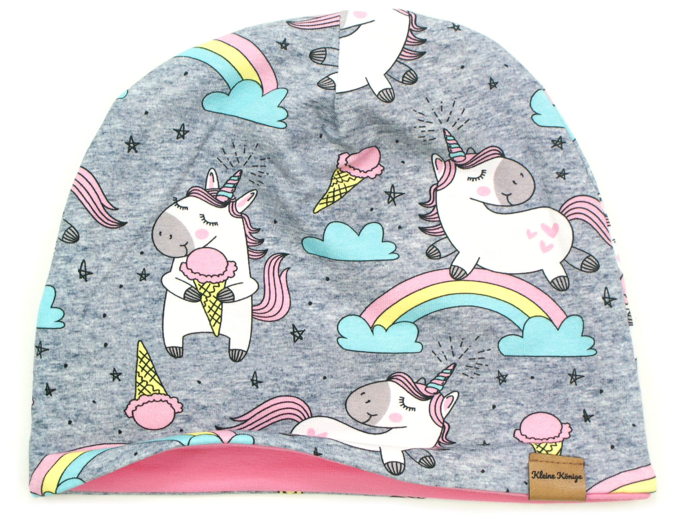Kindermütze Beanie Einhorn "Happy Unicorn" grau rosa