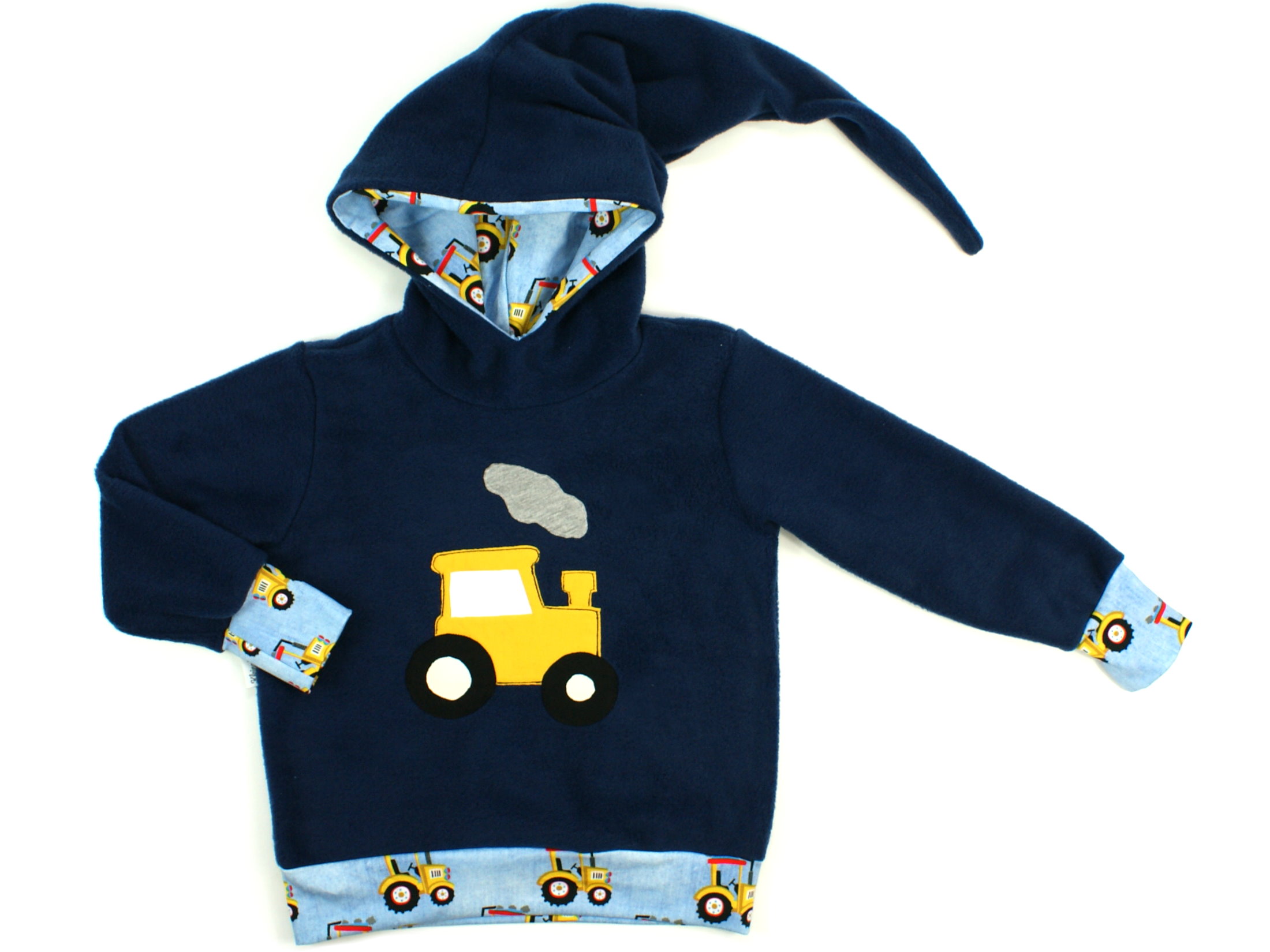 Kinder Fleecepullover mit Zipfelkapuze "Gelber Traktor" hellblau