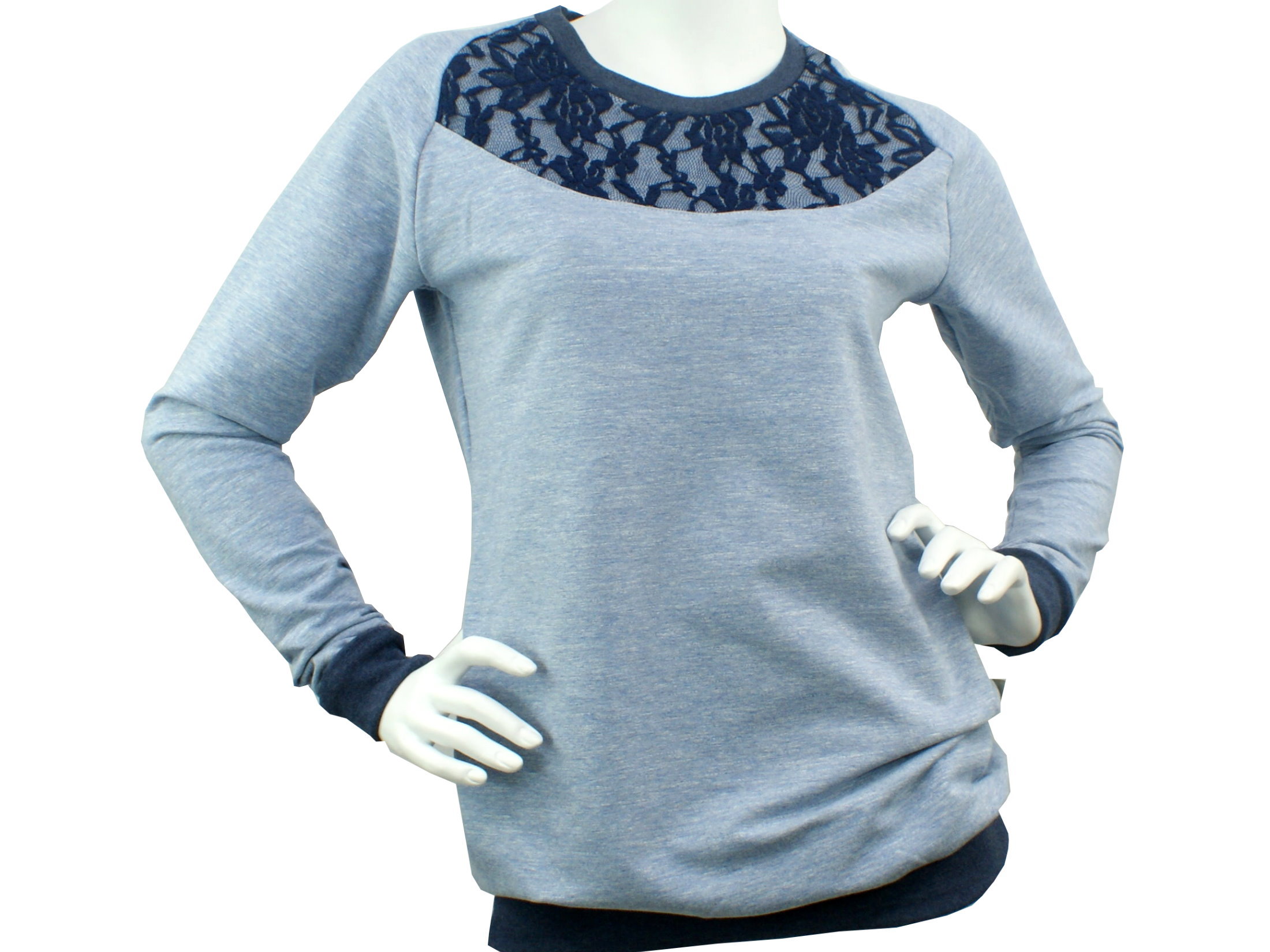 Damen Sweatshirt Pullover "Lace" hellblau-meliert mit Spitze