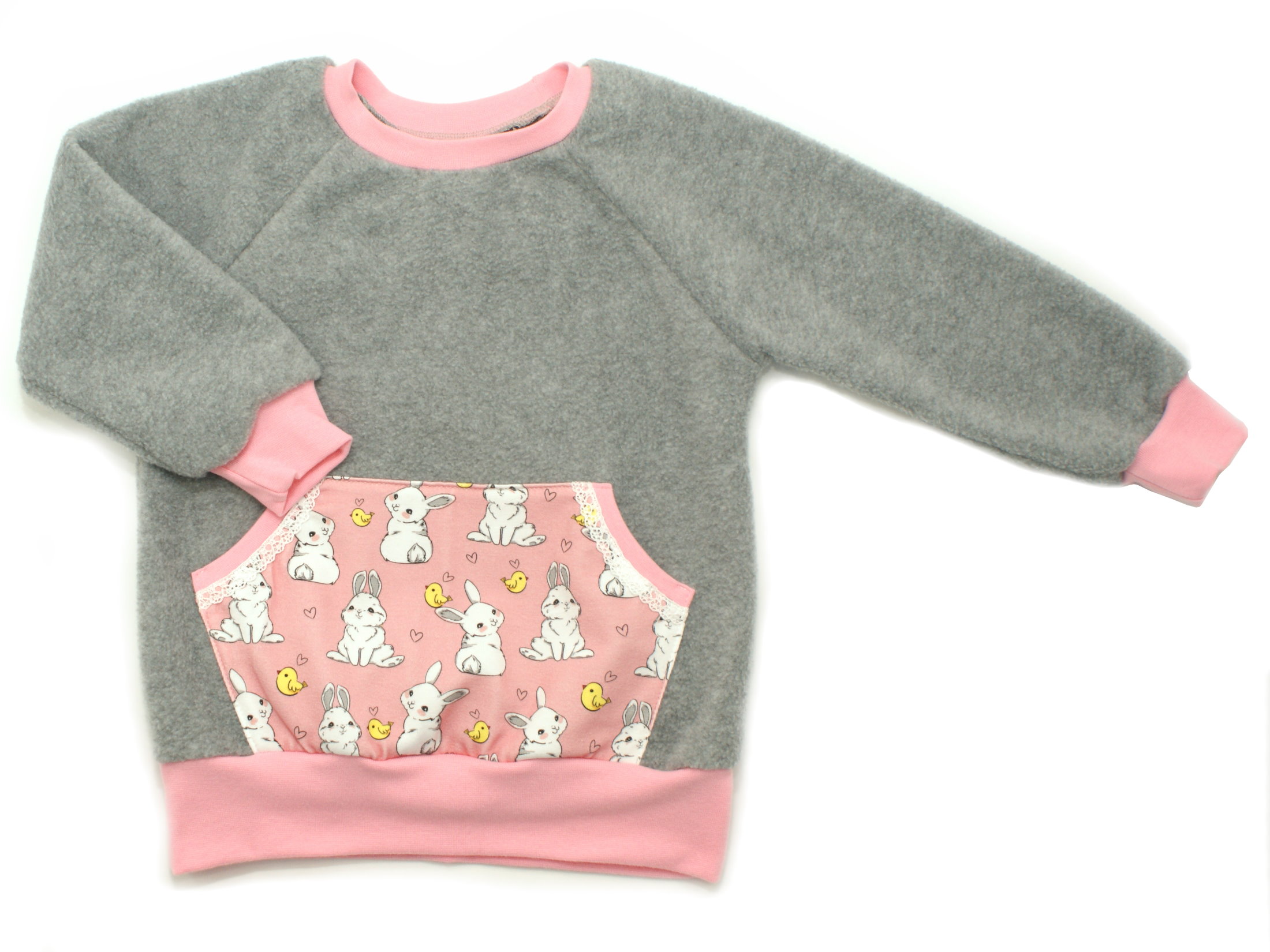 Kinder Fleecepullover grau mit Tasche "Kleiner Hase" rosa