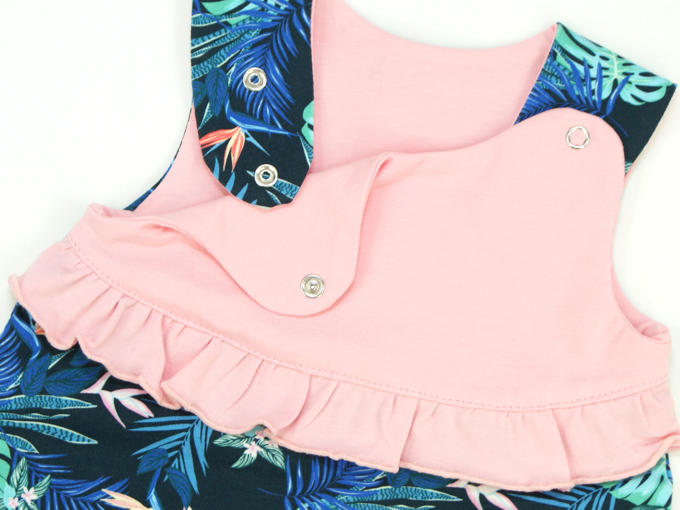 Baby Kurzstrampler "Tropic" marineblau rosa mit Rüsche