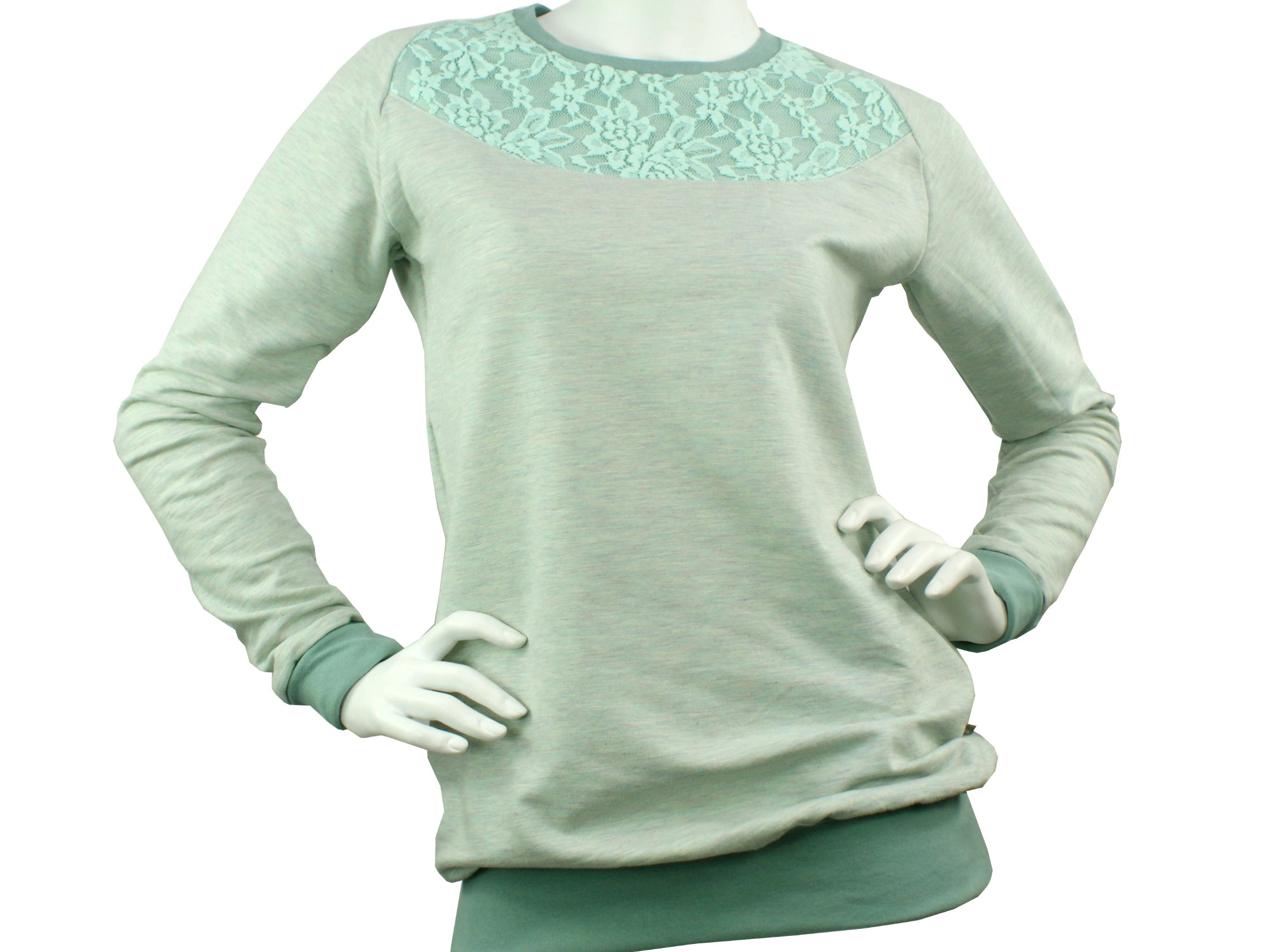 Damen Sweatshirt Pullover "Lace" mint-meliert mit Spitze